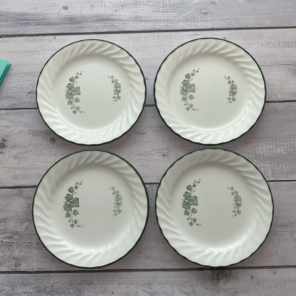 Corelle Callaway Ivy Bread & Butter Plates Set Of 4 White Green Rim Swirl